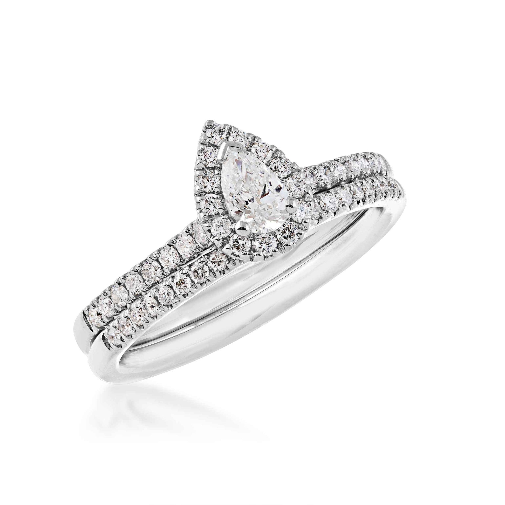 Natural 5/8 ct. tw. Pear Diamond Halo Wedding Set in 14K White Gold front view