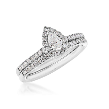 Natural 5/8 ct. tw. Pear Diamond Halo Wedding Set in 14K White Gold front view