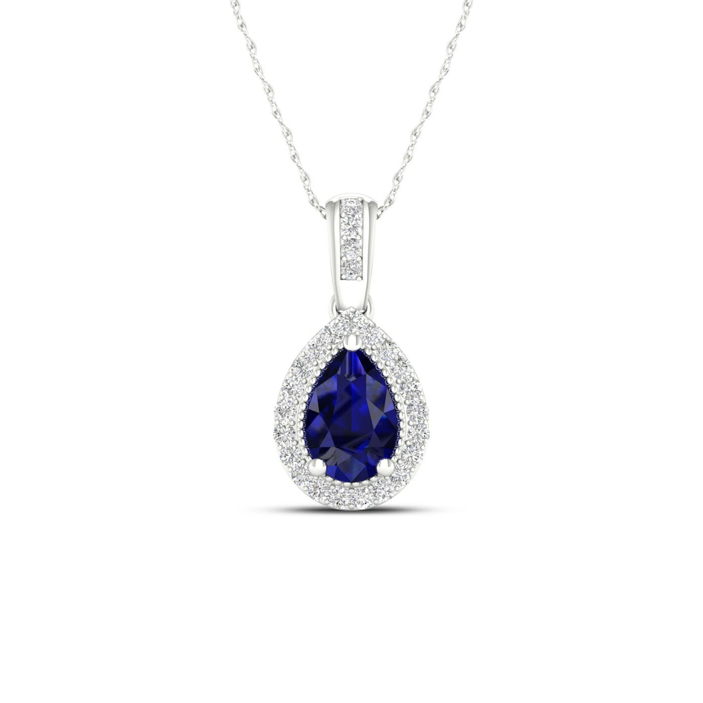Blue Pear-Shaped Sapphire and .08 ct. tw. Diamond Halo Pendant with Milgrain and Filigree Detailing in 10K White Gold