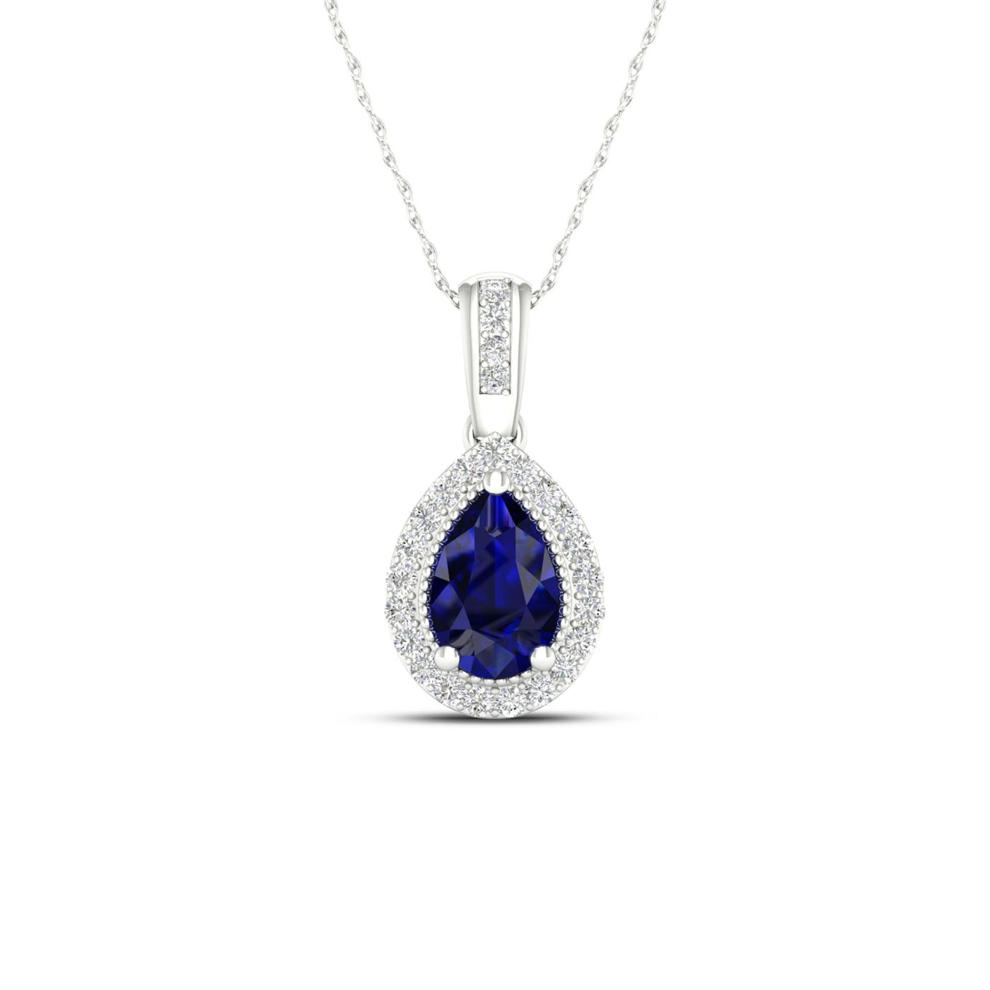 Blue Pear-Shaped Sapphire and .08 ct. tw. Diamond Halo Pendant with Milgrain and Filigree Detailing in 10K White Gold