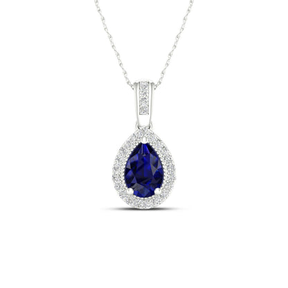 Blue Pear-Shaped Sapphire and .08 ct. tw. Diamond Halo Pendant with Milgrain and Filigree Detailing in 10K White Gold