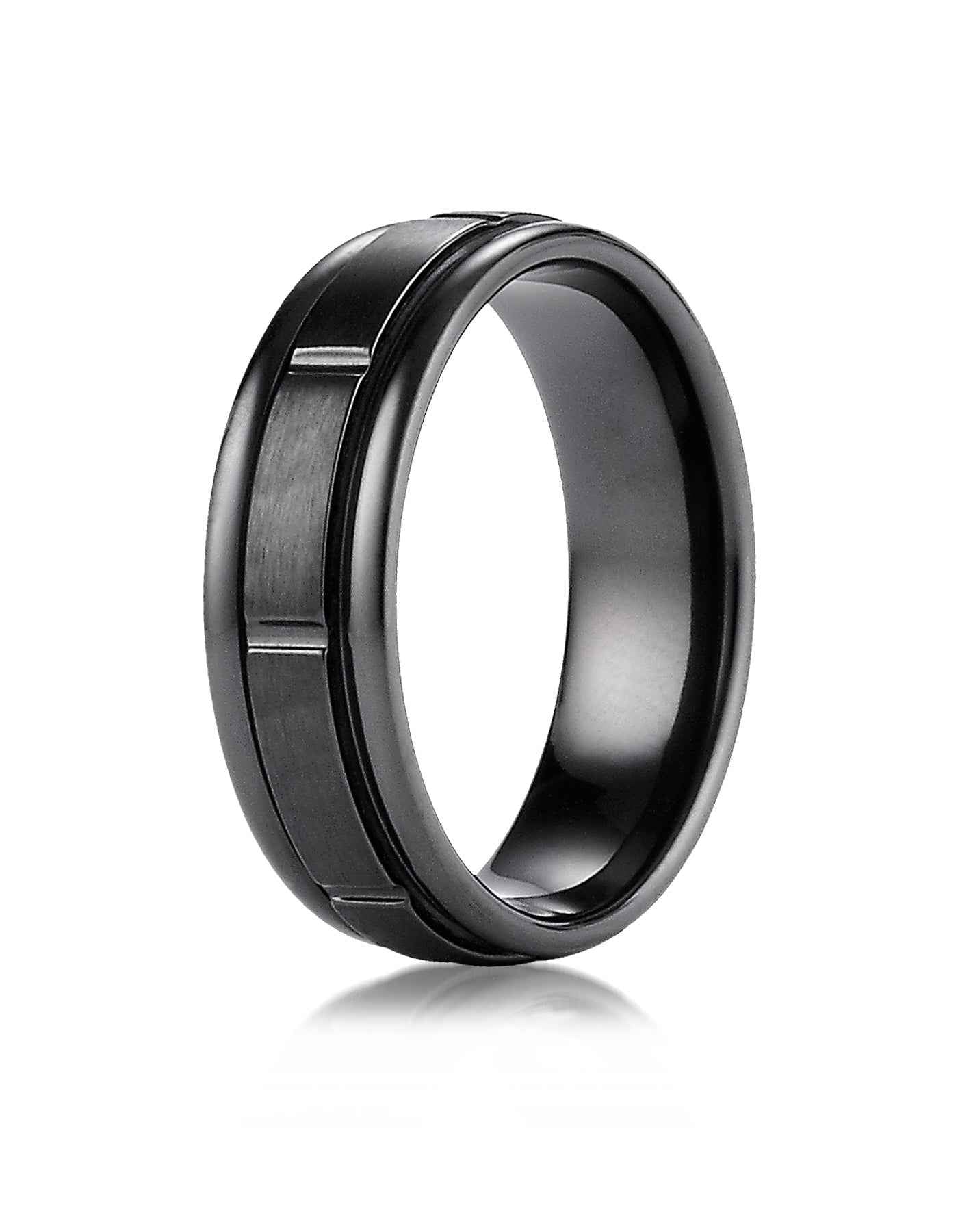 BENCHMARK Mens 7MM Wedding Band in Black Titanium with Vertical Groove Accents close-up detail