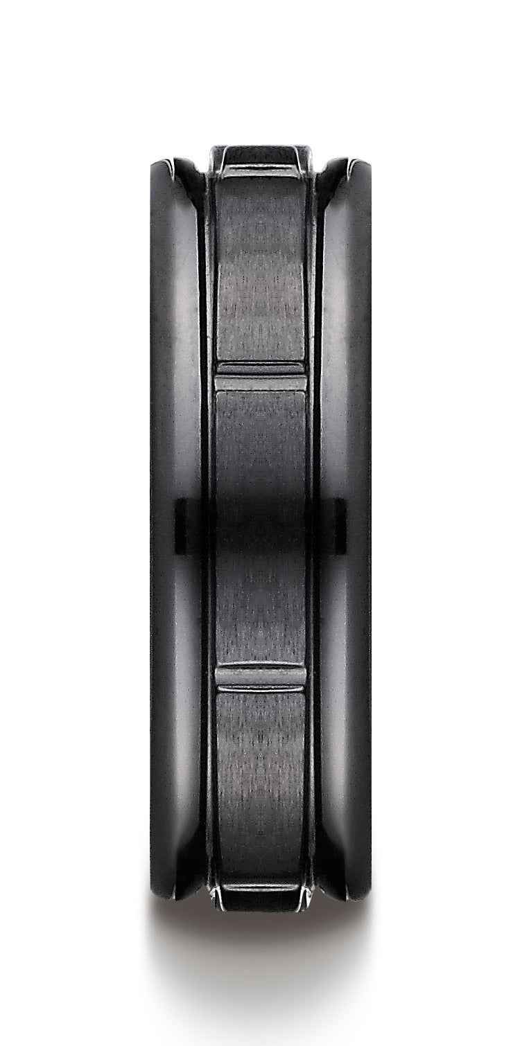 BENCHMARK Mens 7MM Wedding Band in Black Titanium with Vertical Groove Accents front view