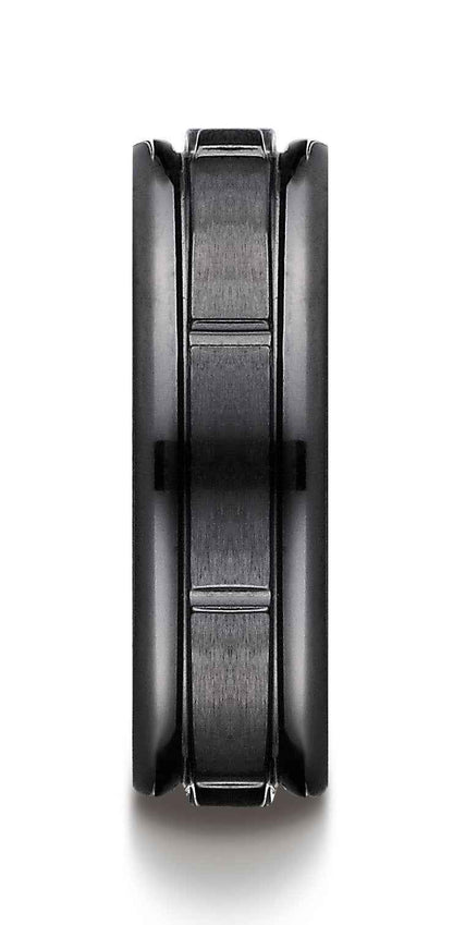 BENCHMARK Mens 7MM Wedding Band in Black Titanium with Vertical Groove Accents front view