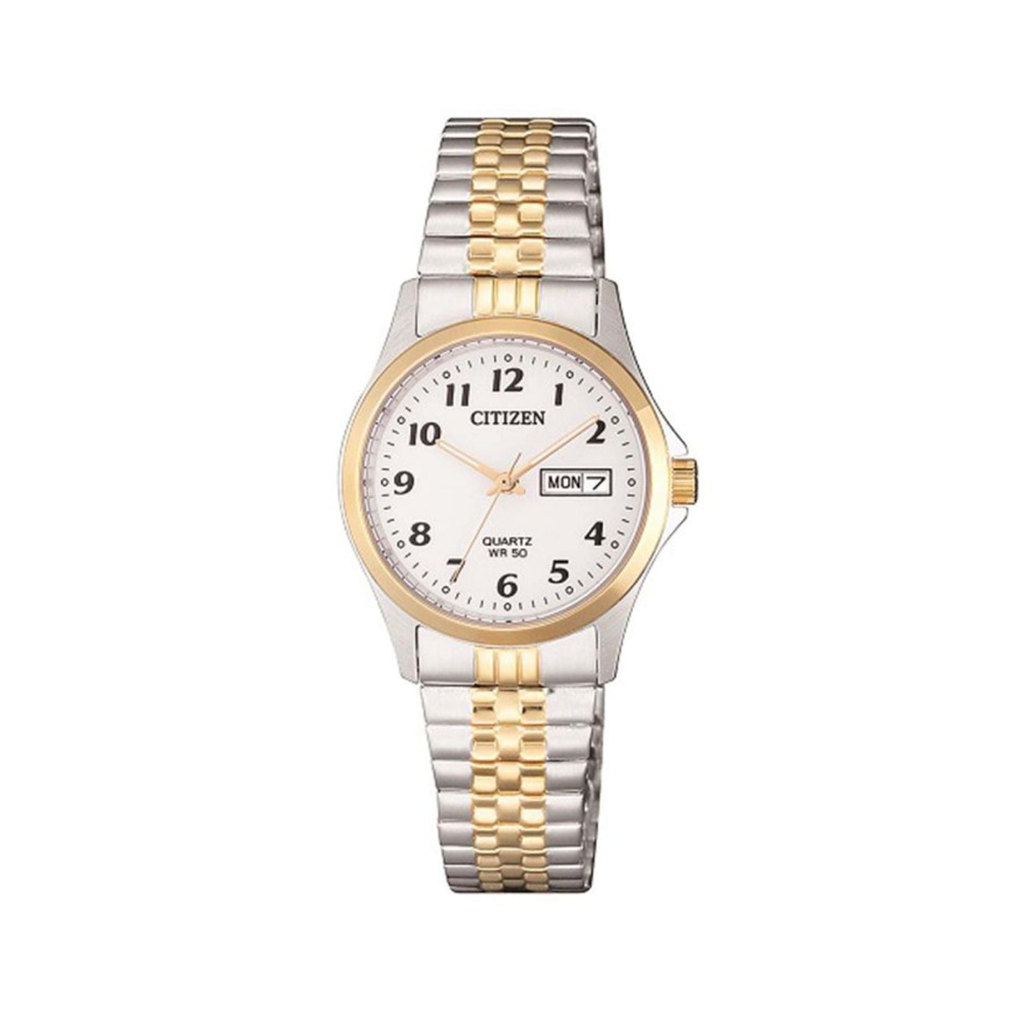 Citizen Ladies' Two-Tone Stainless Steel Analog Watch with Day/Date Function and White Dial