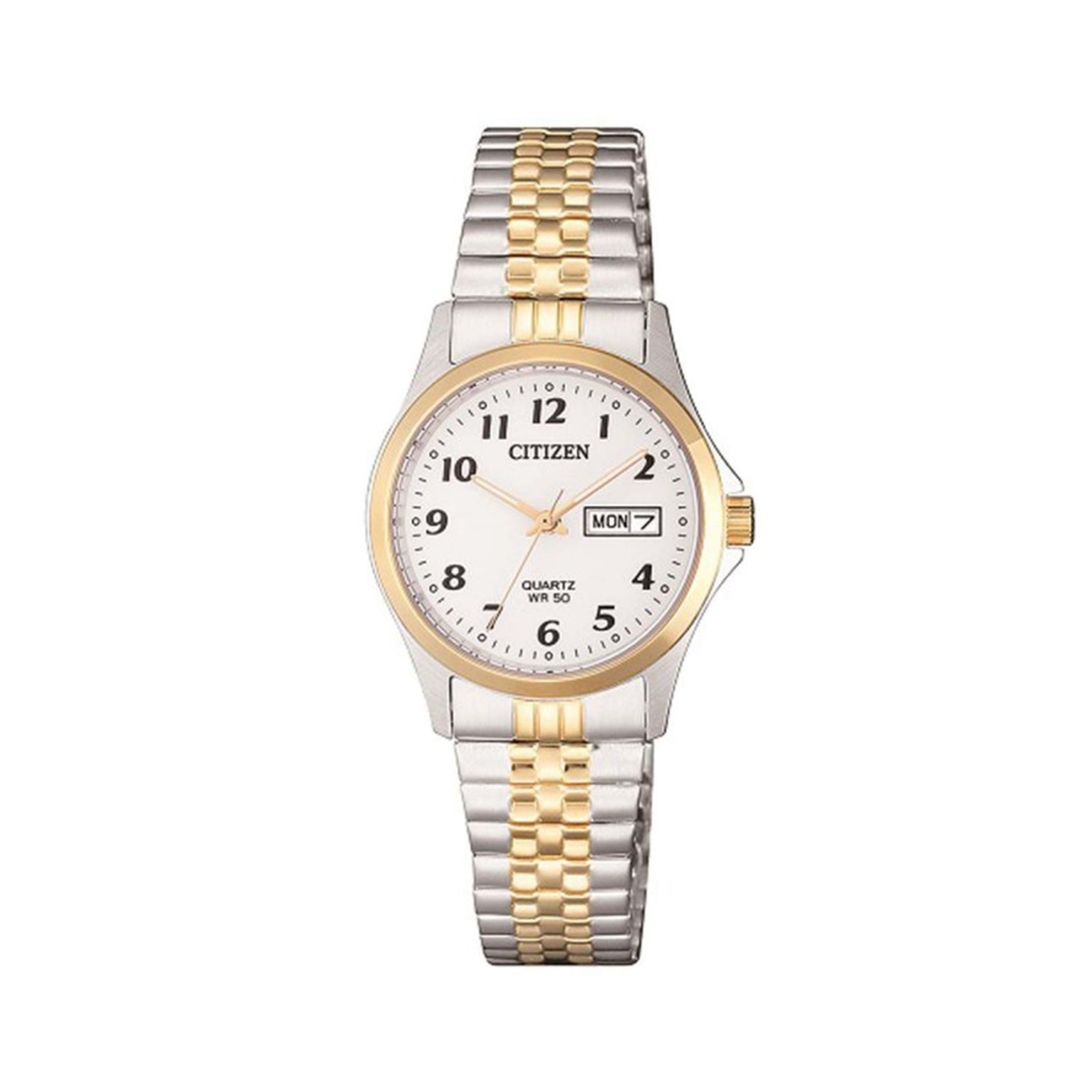 Citizen Ladies' Two-Tone Stainless Steel Analog Watch with Day/Date Function and White Dial