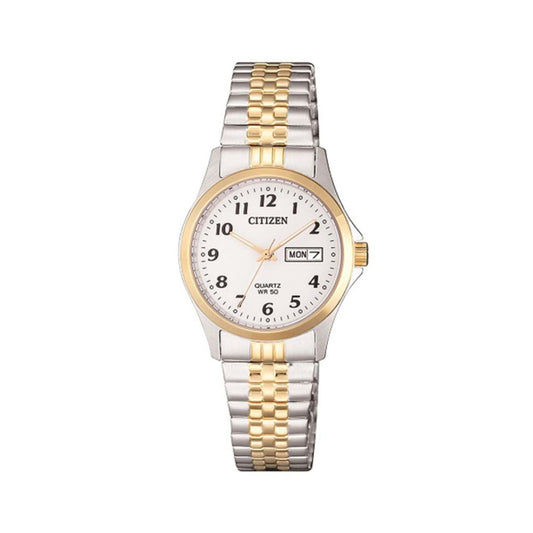 Citizen Ladies' Two-Tone Stainless Steel Analog Watch with Day/Date Function and White Dial