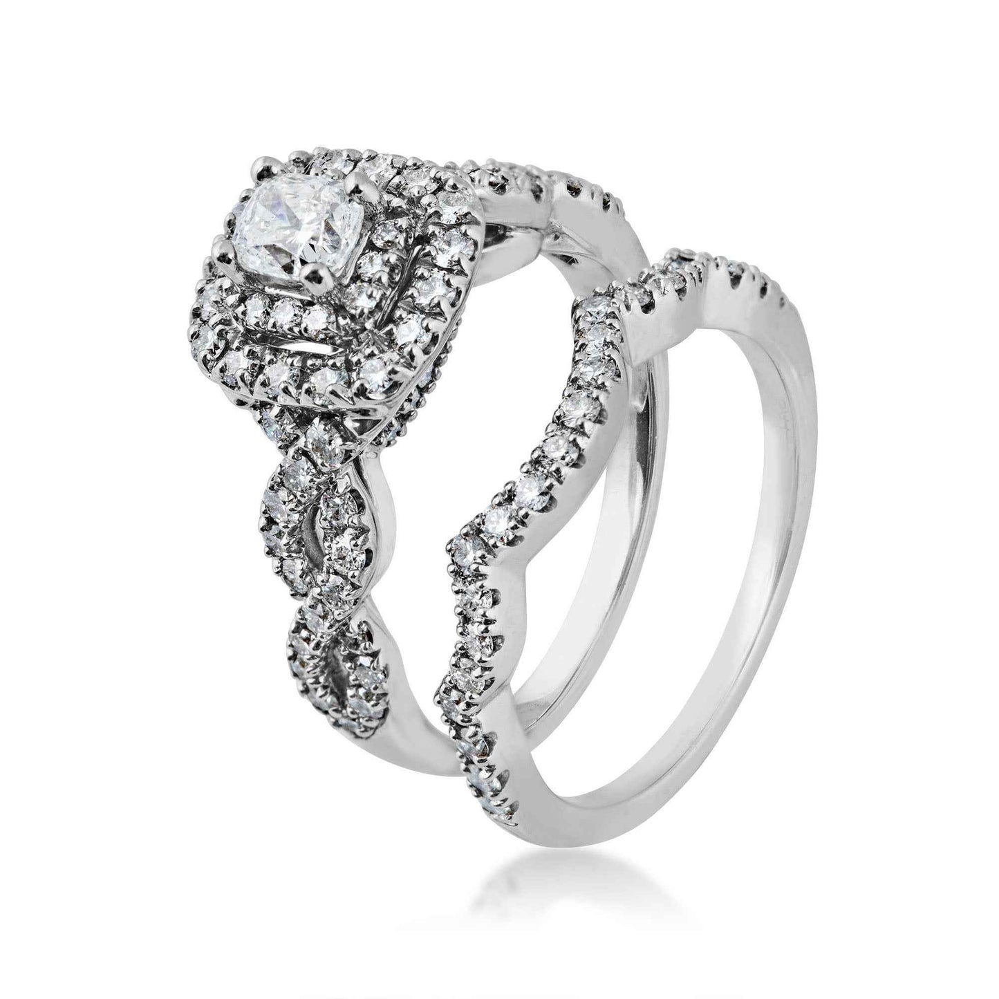 Natural 1-1/2 ct. tw. Cushion Diamond Double Halo Wedding Set in 14K White Gold front view