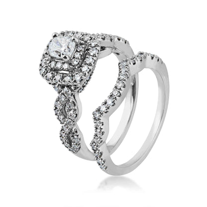 Natural 1-1/2 ct. tw. Cushion Diamond Double Halo Wedding Set in 14K White Gold front view