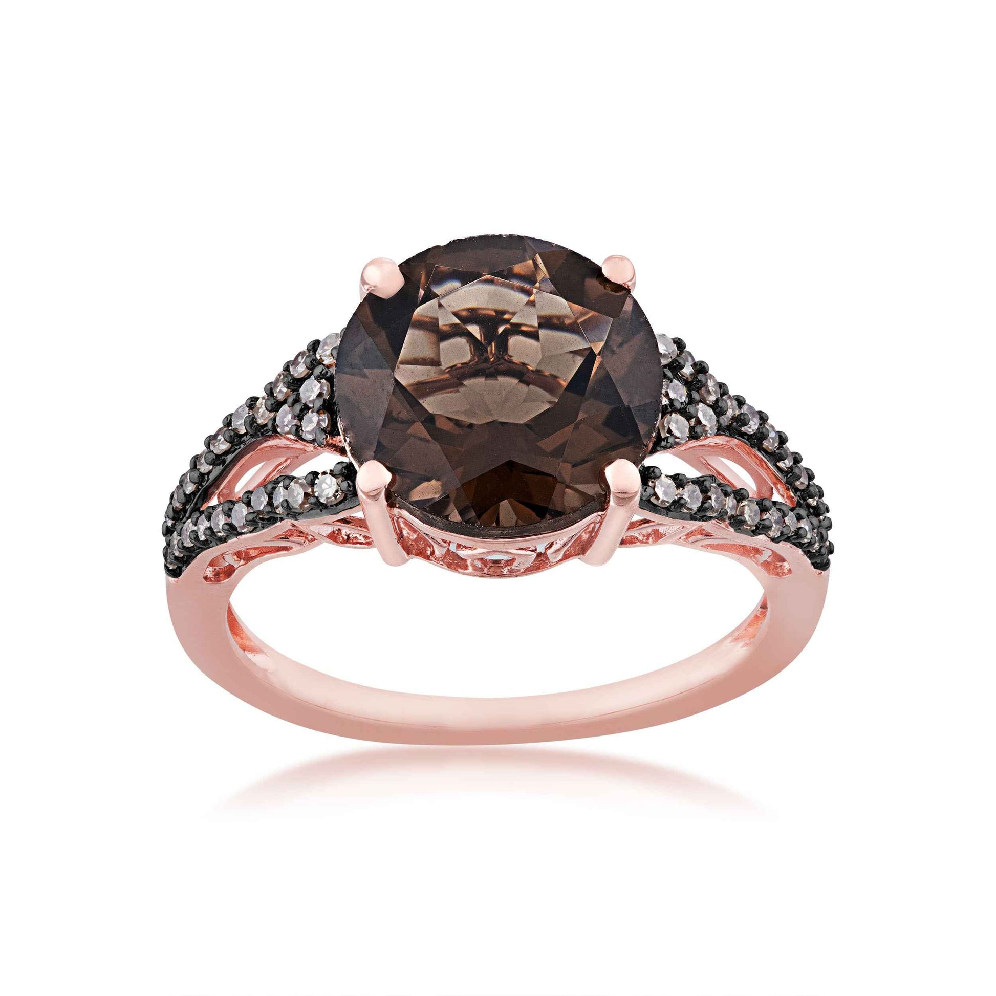 Impulse Collection Genuine Round Smokey Quartz Ring with 1/5 ct. tw. Round Mocha Diamond Split Shank Band in 10K Pink Gold