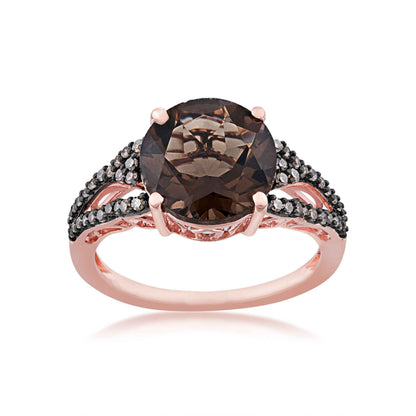 Impulse Collection Genuine Round Smokey Quartz Ring with 1/5 ct. tw. Round Mocha Diamond Split Shank Band in 10K Pink Gold