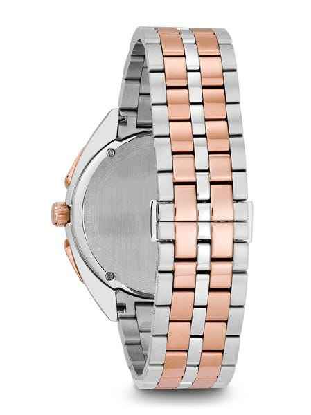 Bulova CURV Collection Men's Black Patterned Chronograph Watch in Two-Tone Stainless Steel front view