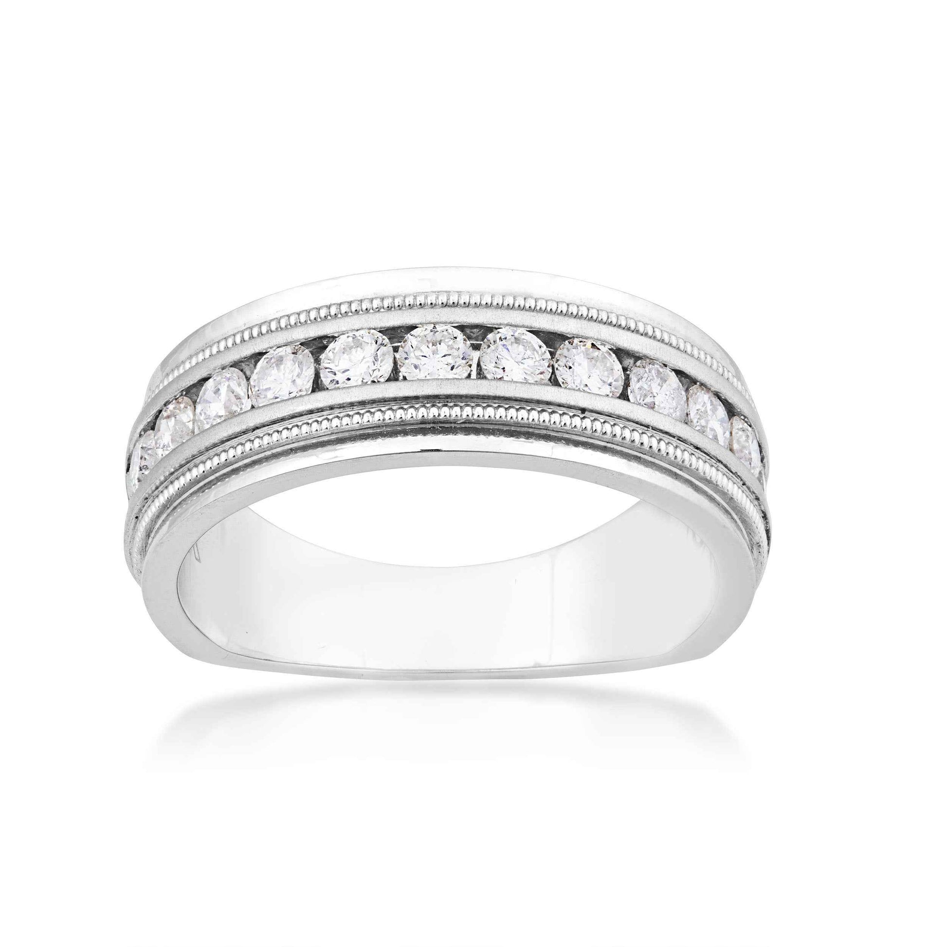 Men's 1 ct. tw. Channel-Set Diamond Wedding Ring with Milgrain Design in 14K White Gold front view