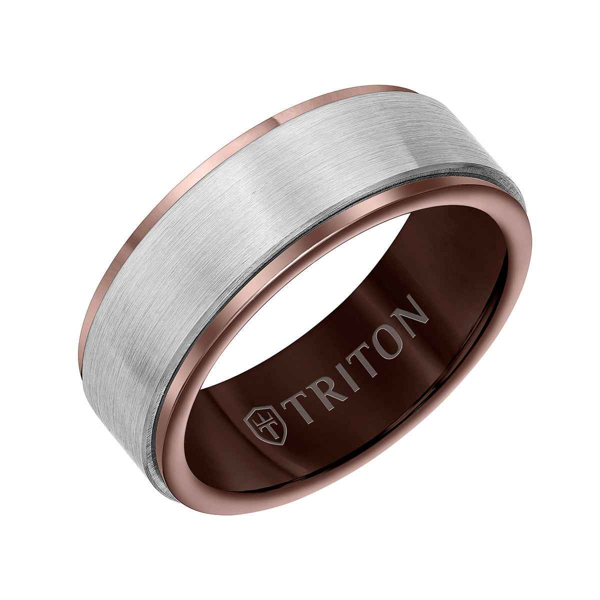 Triton Men's 8mm Espresso & White Tungsten Satin Finish Wedding Band front view