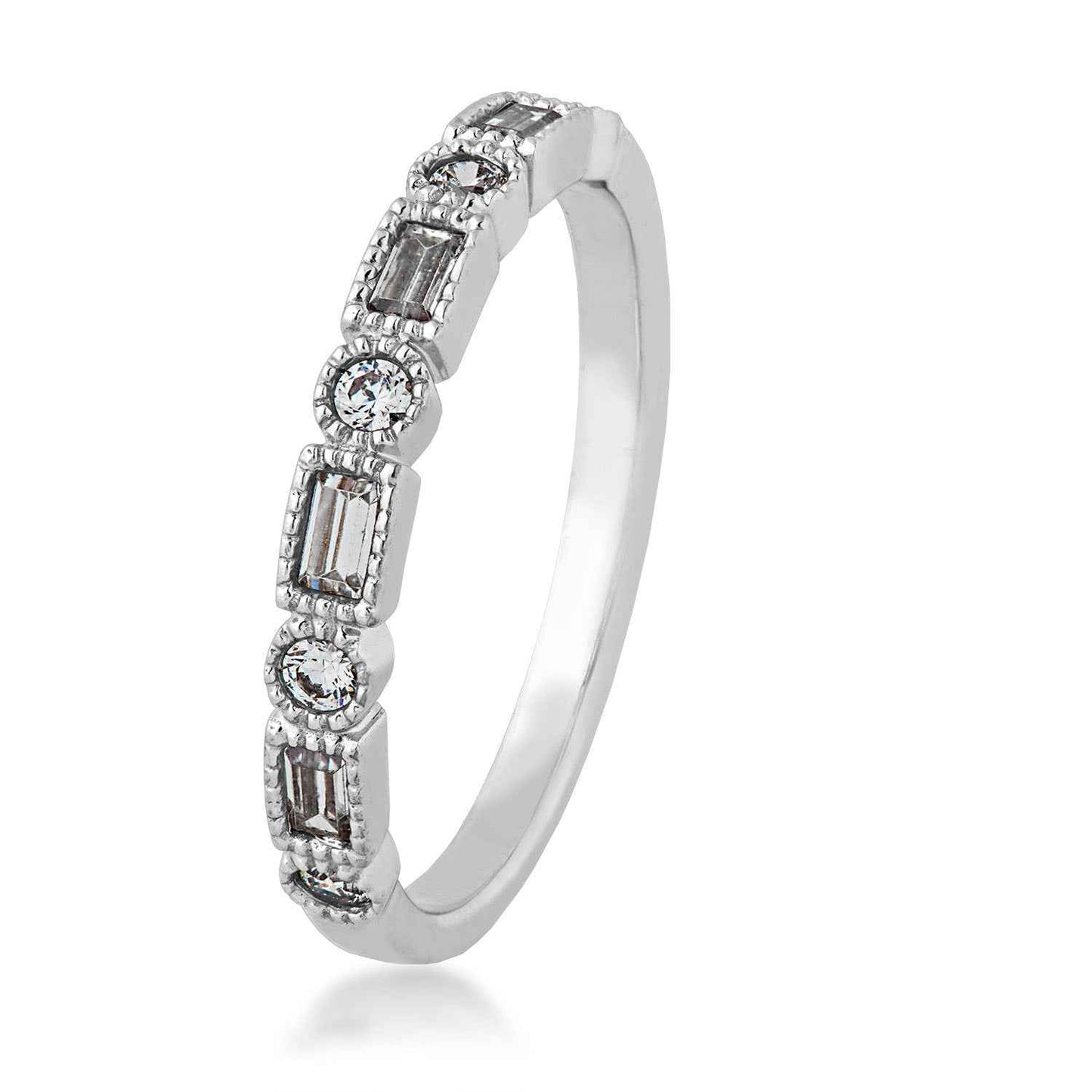 Perfect Match 1/4 ct. tw. Round & Straight Baguette Alternating Diamond Stackable Anniversary Band in 14K White front view