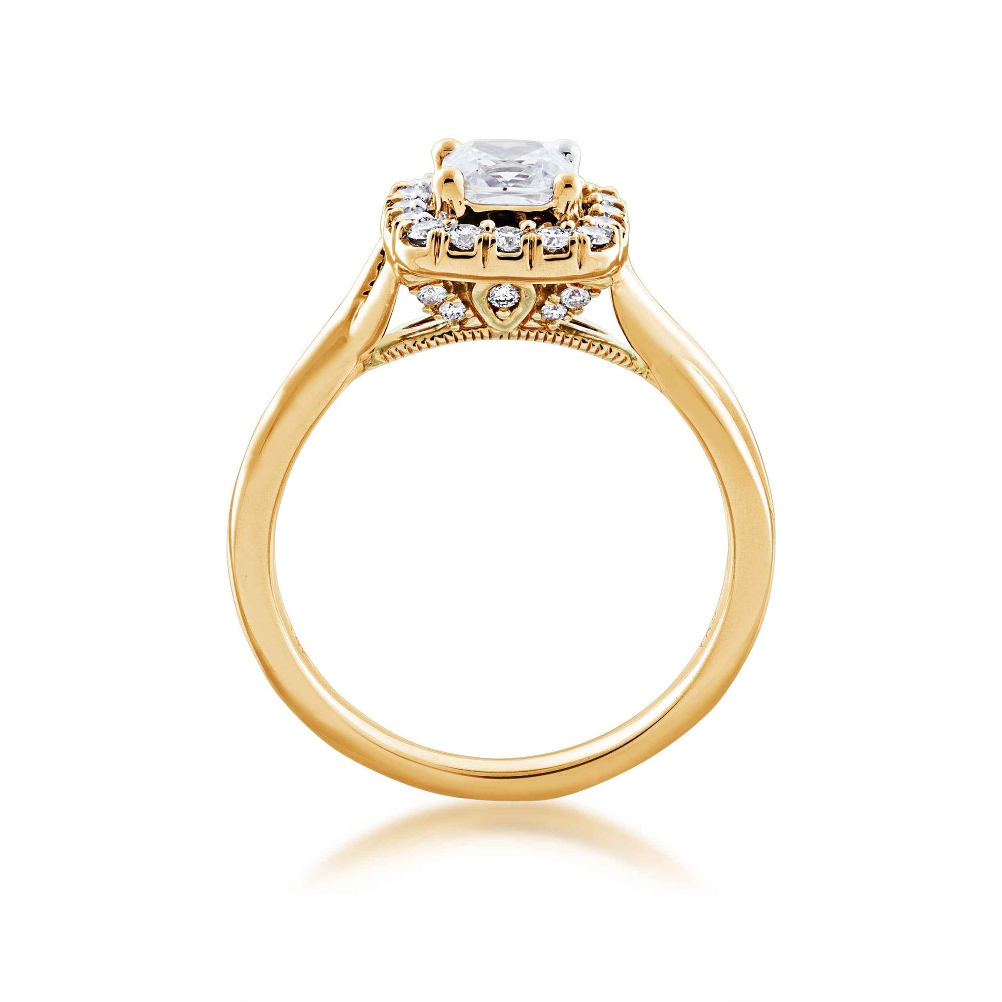 Noventa 1-1/5 ct. tw. Cushion Cut Halo Wedding Set with Twist Band in 14K Yellow Gold side profile