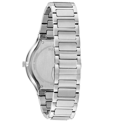 Bulova Men's Millennia Stainless Steel Watch with Black Dial close-up detail