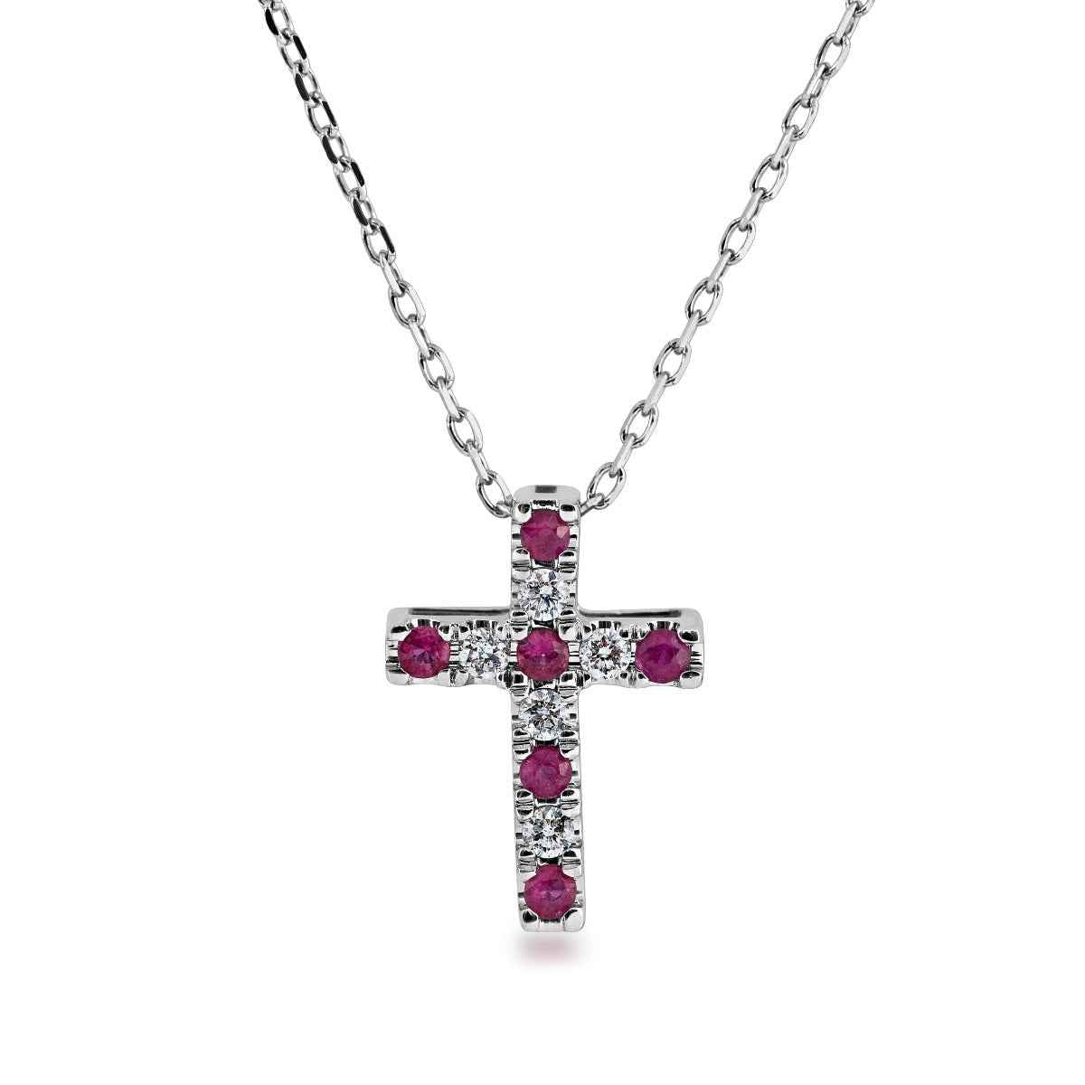Ruby and Diamond Cross Pendant in 10K White Gold