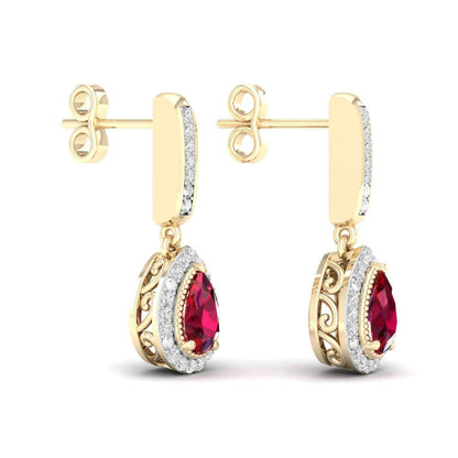 Red Pear-Shaped Ruby and 1/10 ct. tw. Diamond Halo Earrings with Milgrain and Filigree Design in 10K Yellow Gold front view