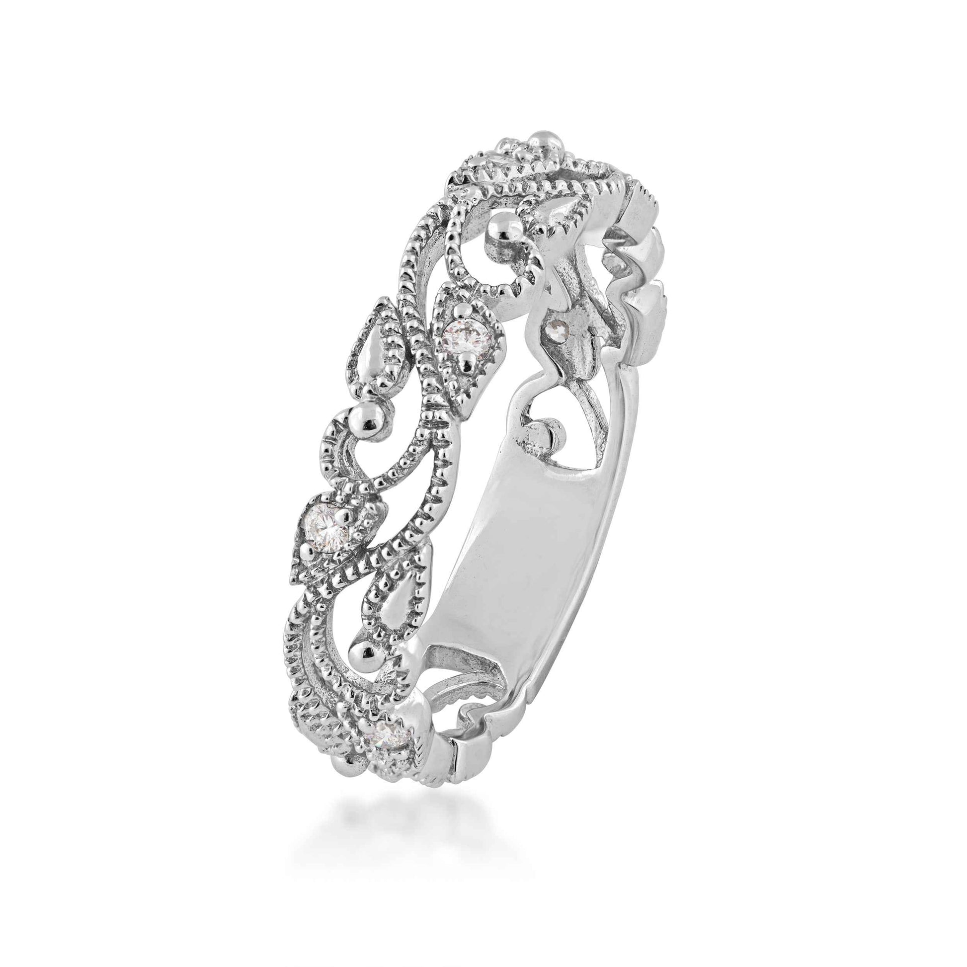 Perfect Match 1/10 ct. tw. Diamond Filigree & Milgrain Anniversary Ring in 10K White Gold front view