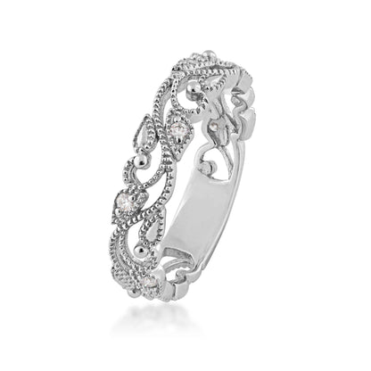 Perfect Match 1/10 ct. tw. Diamond Filigree & Milgrain Anniversary Ring in 10K White Gold front view
