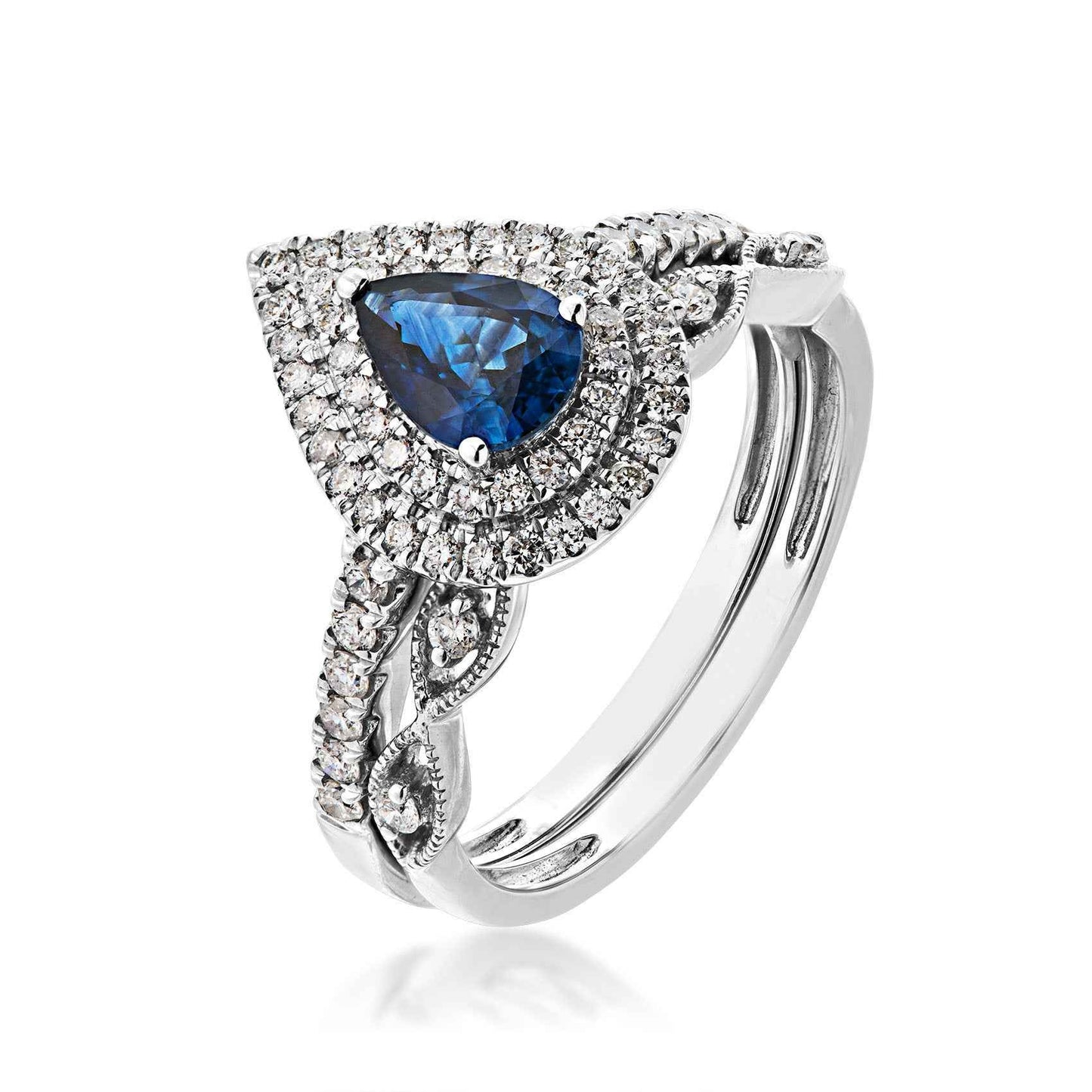 Love in Color Genuine Pear Shape Sapphire & 1/2 ct. tw. Diamond Wedding Set in 14K White Gold front view