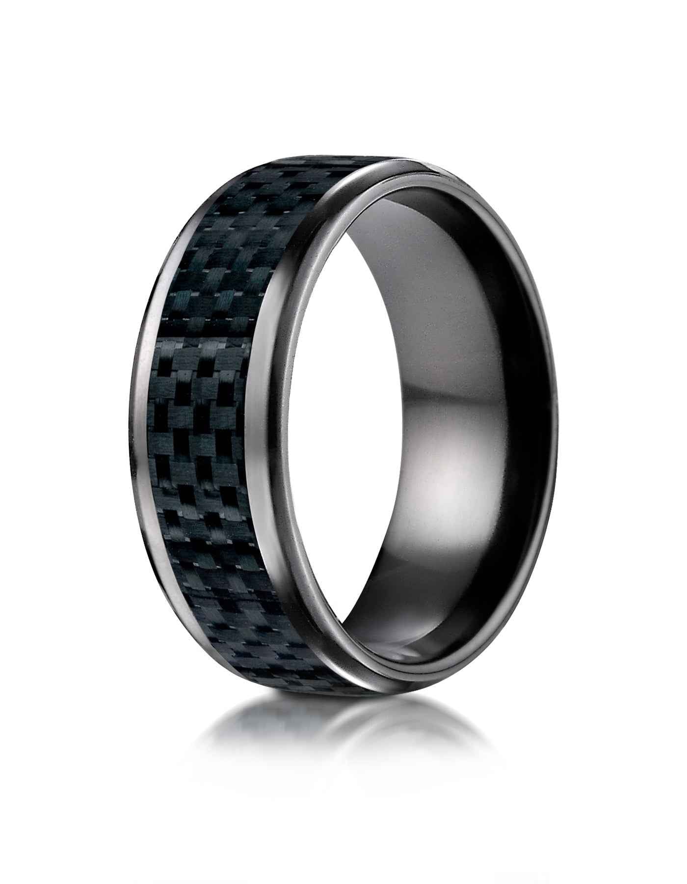 BENCHMARK Mens 8MM Black Titanium with Carbon Fiber Inlay Wedding Band close-up detail