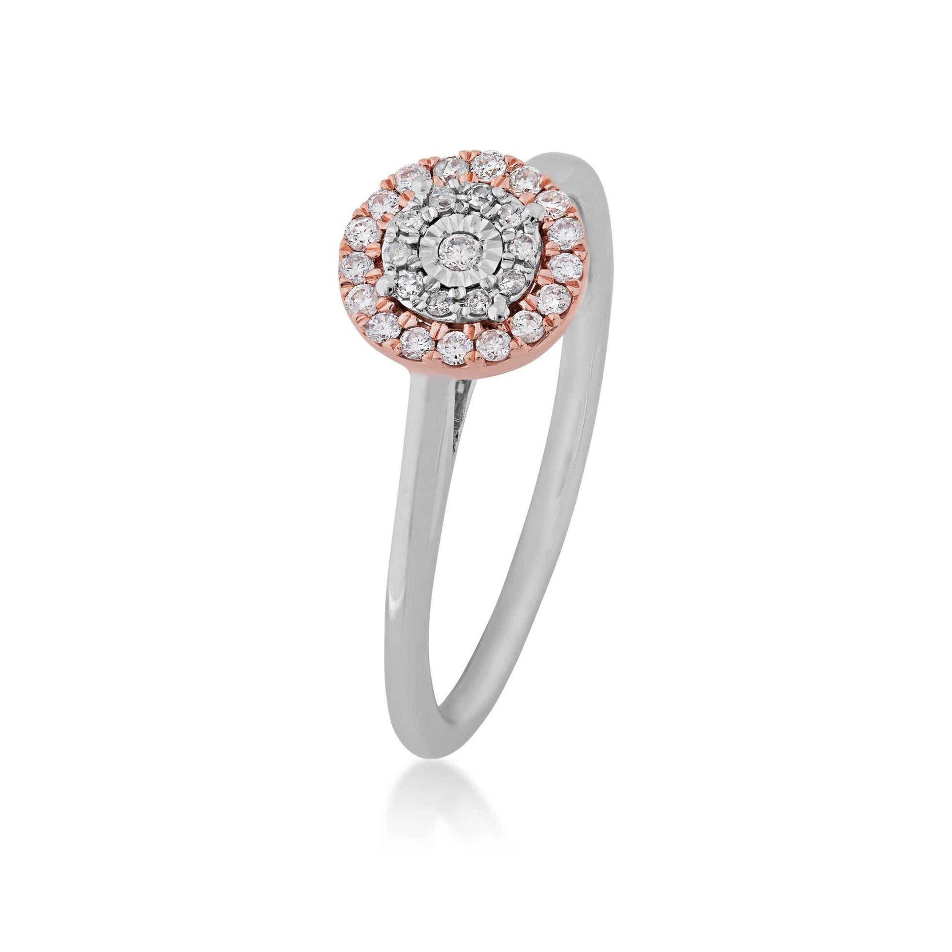 1/7 ct. tw. Round Diamond Cluster Halo Promise Ring with Miracle Plate in 10K White & Pink Gold front view