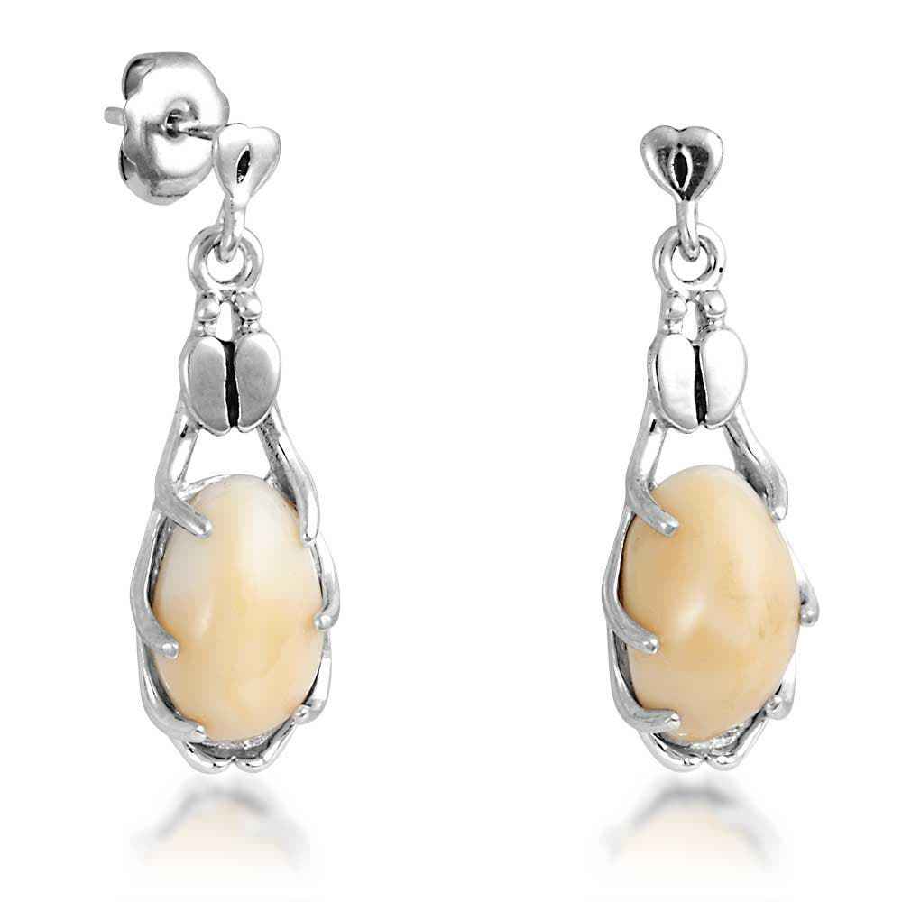 Ladies' Elk Ivory Cabochon Cut Dangle Earrings with Antler & Hoof Accented Bale in Sterling Silver