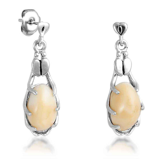 Ladies' Elk Ivory Cabochon Cut Dangle Earrings with Antler & Hoof Accented Bale in Sterling Silver