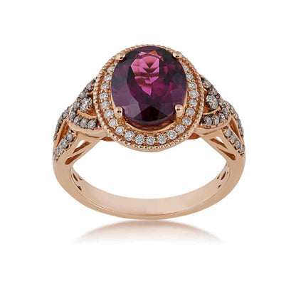 Oval Rhodolite Garnet and 3/8 ct. tw. Mocha and White Diamond Ring in 14K Pink Gold
