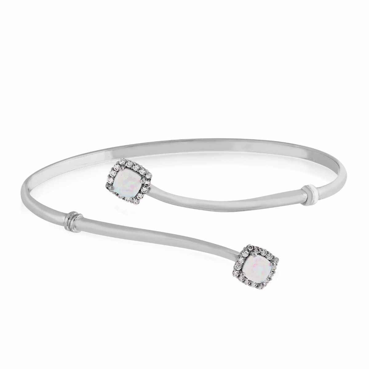 Created Cushion Cut Opal & Round White Sapphire Halo Cuff Bracelet in Sterling Silver