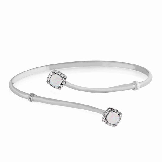 Created Cushion Cut Opal & Round White Sapphire Halo Cuff Bracelet in Sterling Silver