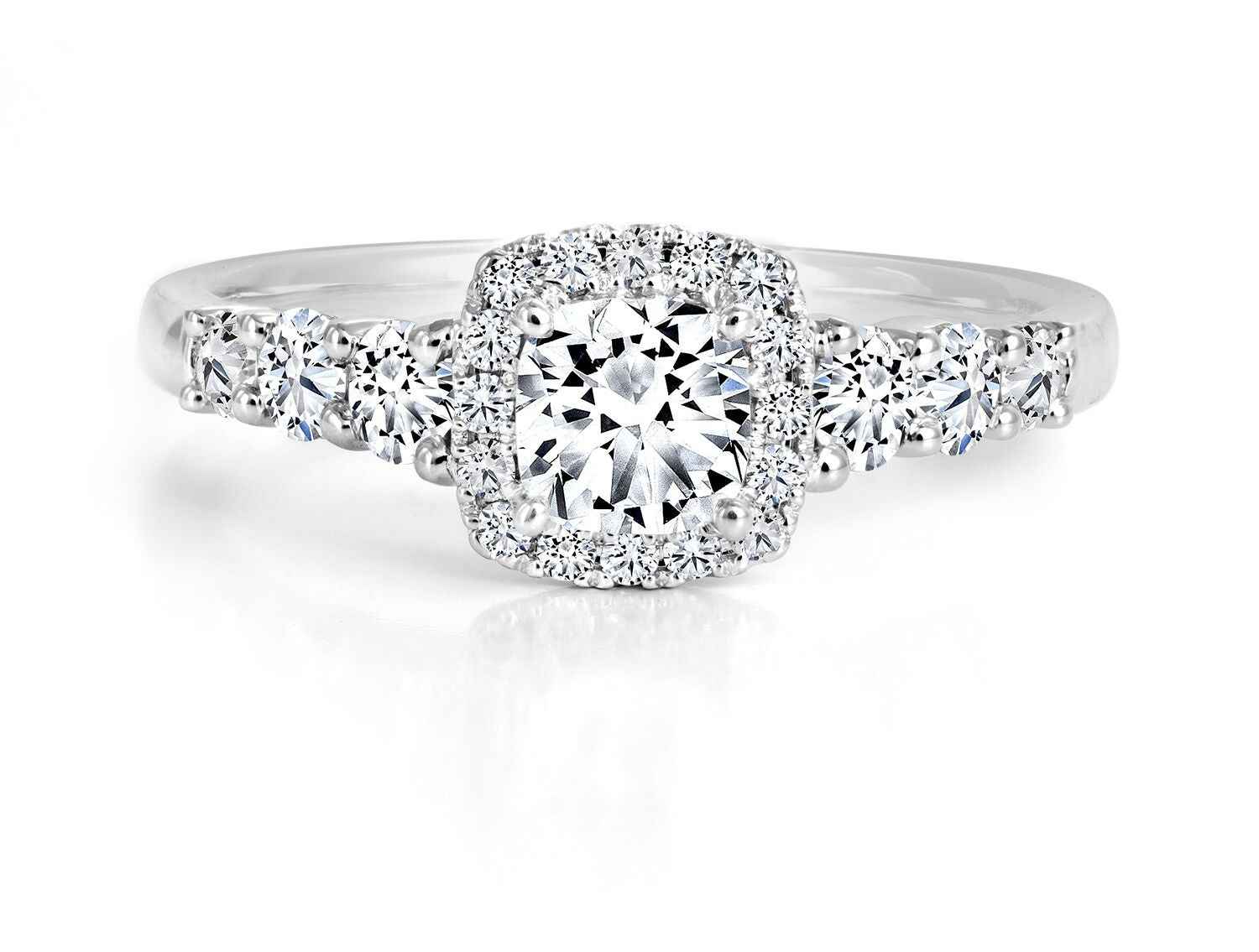Forevermark Black Label 9/10 ct. tw Cushion Cut Diamond with Halo Engagement Ring and Six Round Accent Diamonds in 18K White