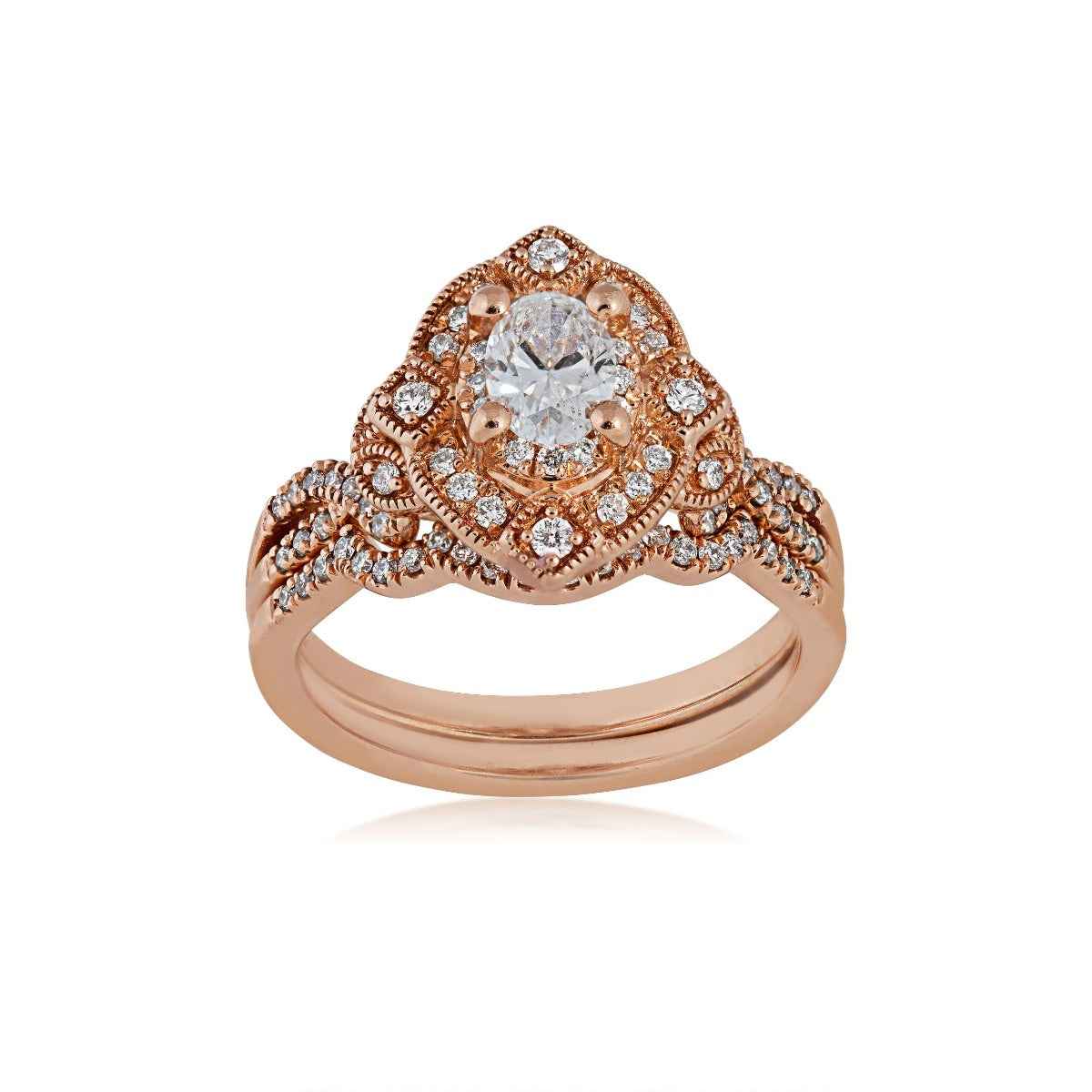 Elegance Collection 7/8 ct. tw. Oval Vintage-Inspired Wedding Set with Milgrain Detailing in 14K Pink Gold