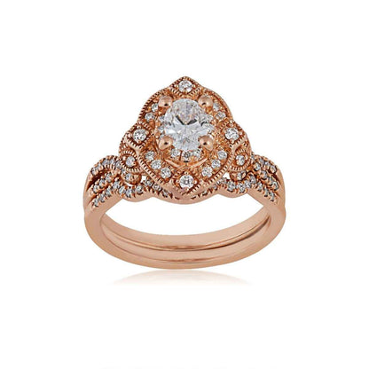 Elegance Collection 7/8 ct. tw. Oval Vintage-Inspired Wedding Set with Milgrain Detailing in 14K Pink Gold