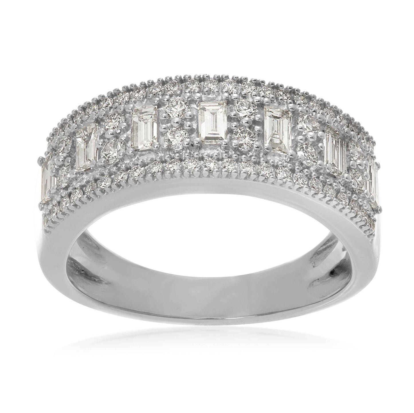 3/4 ct. tw Diamond 3-Row Anniversary Band with Alternating Round and Emerald Cut Center Stones in 14k White Gold