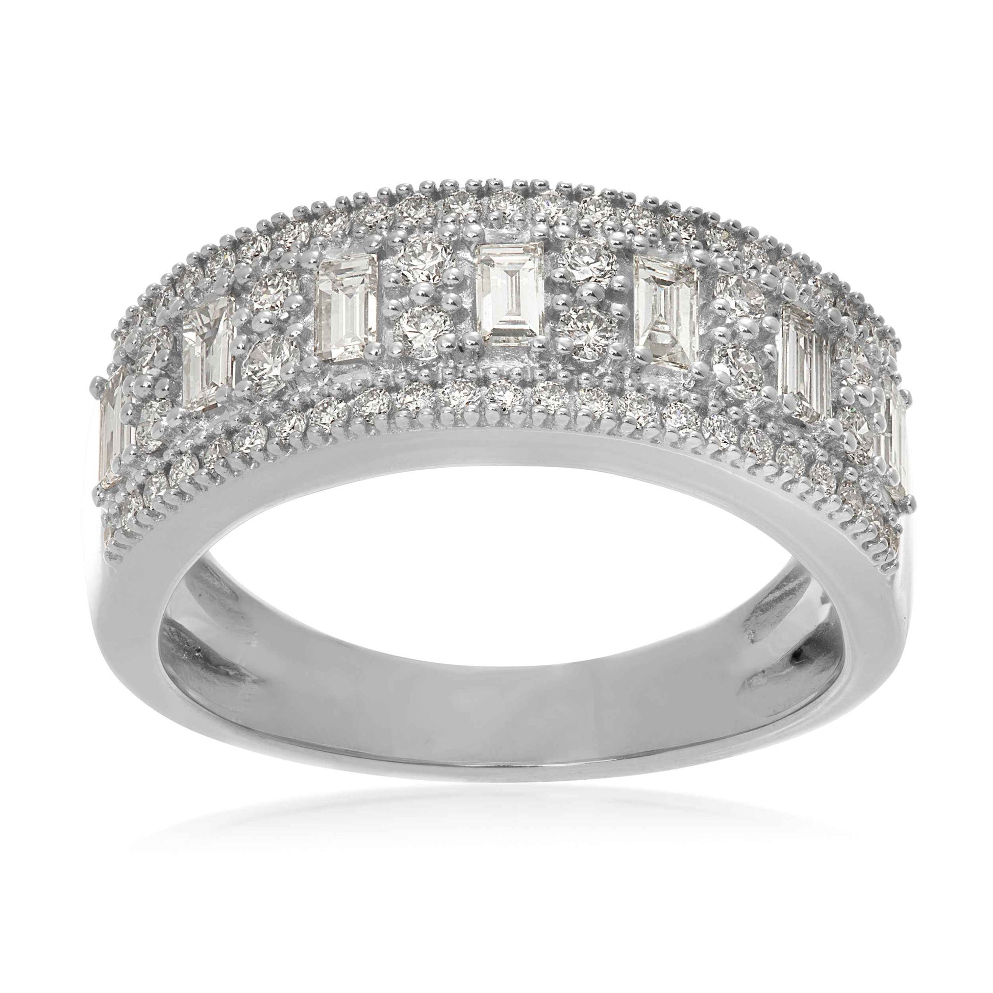 3/4 ct. tw Diamond 3-Row Anniversary Band with Alternating Round and Emerald Cut Center Stones in 14k White Gold