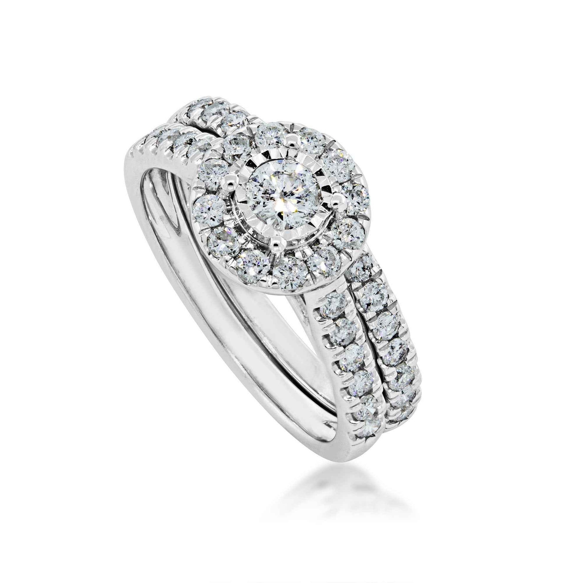 Natural 1 ct. tw. Round Brilliant Diamond Halo Wedding Set with Miracle Plate in 10K White Gold