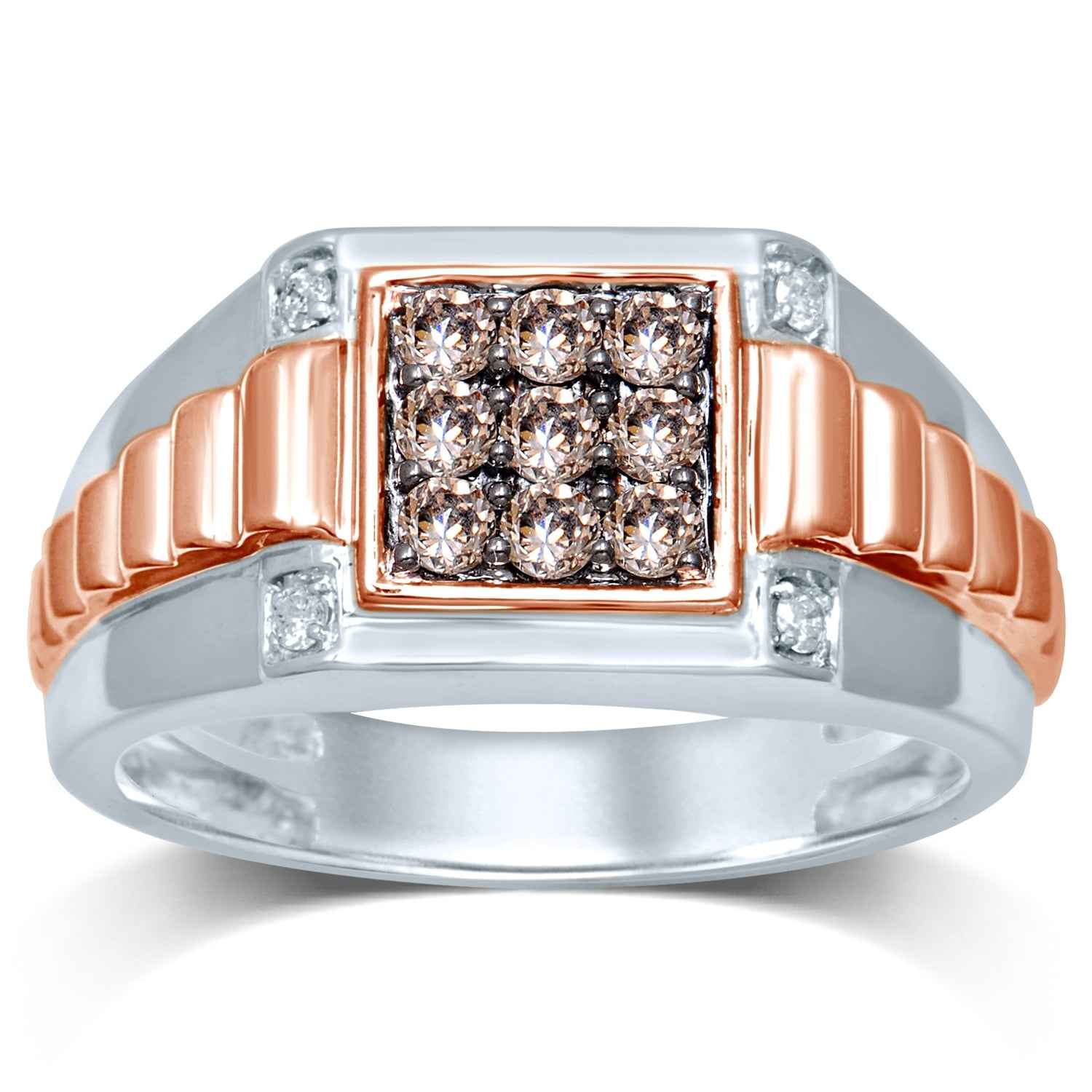 Men's 1/2 ct. tw. Round Mocha & White Cluster Diamond Wedding Band with Square Signet Style Setting in 10K Pink & White Gold