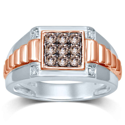 Men's 1/2 ct. tw. Round Mocha & White Cluster Diamond Wedding Band with Square Signet Style Setting in 10K Pink & White Gold