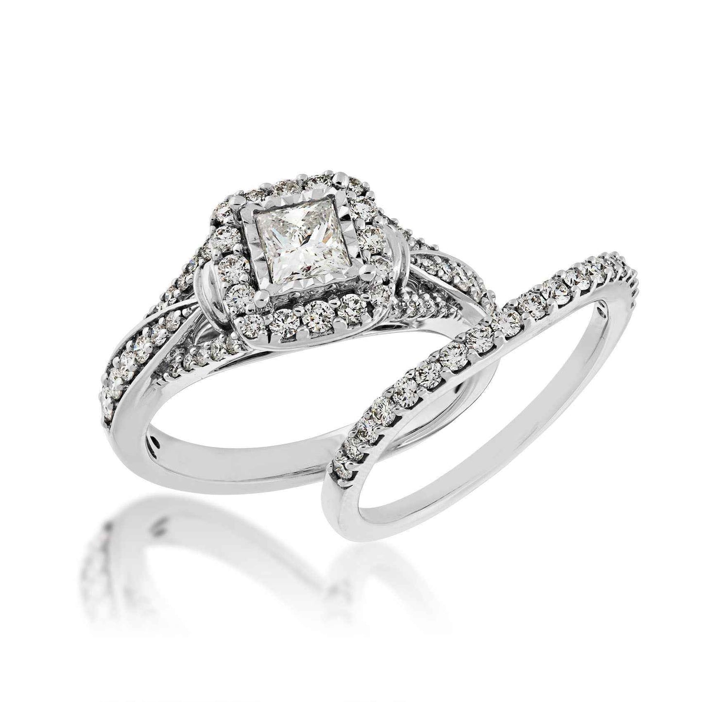 Natural 1-1/4 ct. tw. Princess Cut Diamond Halo Wedding Set in 14K White Gold front view