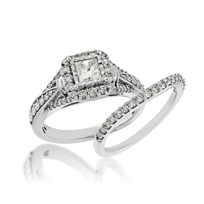 Natural 1-1/4 ct. tw. Princess Cut Diamond Halo Wedding Set in 14K White Gold front view