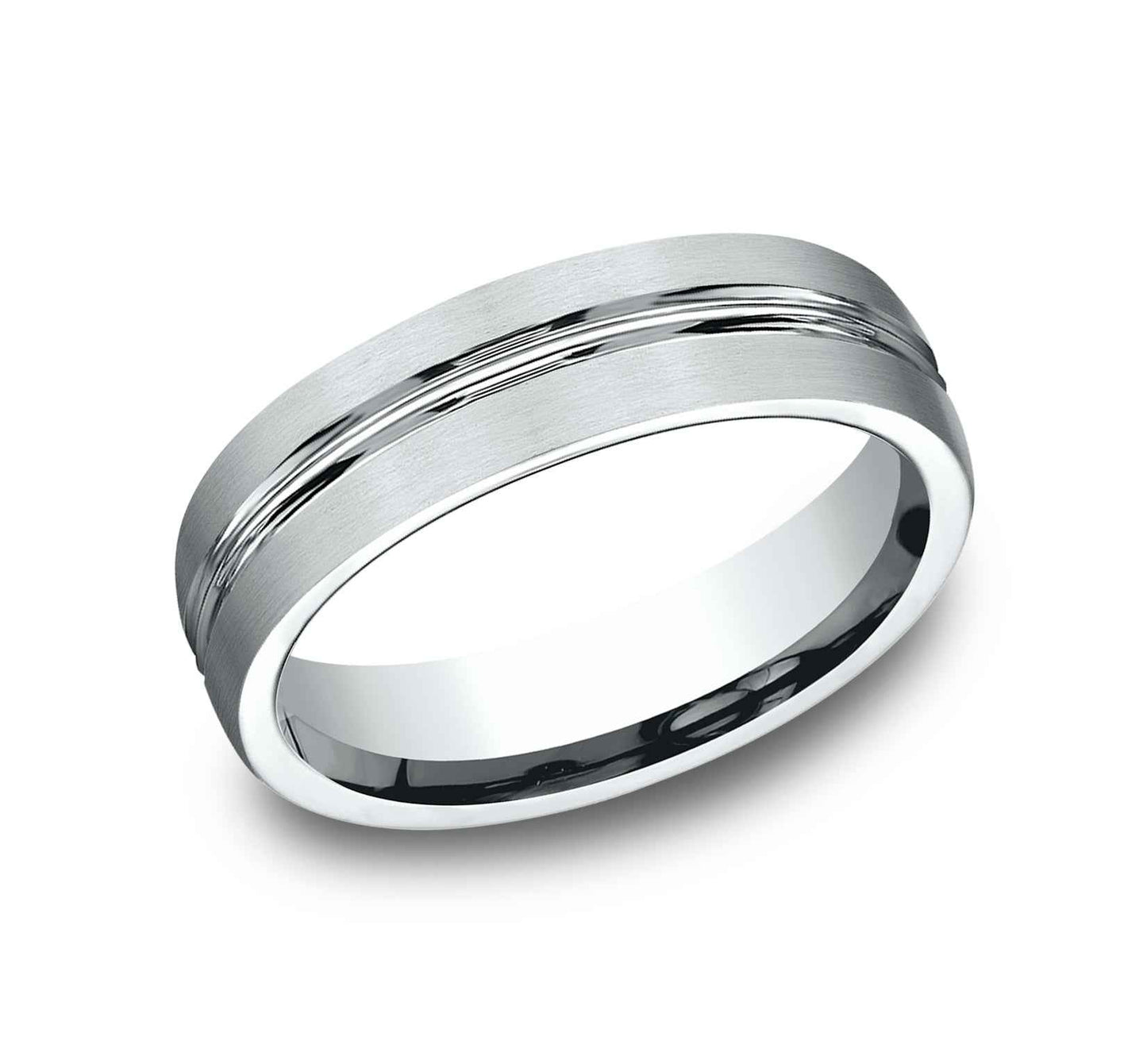 Benchmark Men's Satin Finish Wedding Band in 10K White Gold close-up detail