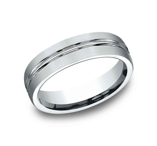 Benchmark Men's Satin Finish Wedding Band in 10K White Gold close-up detail