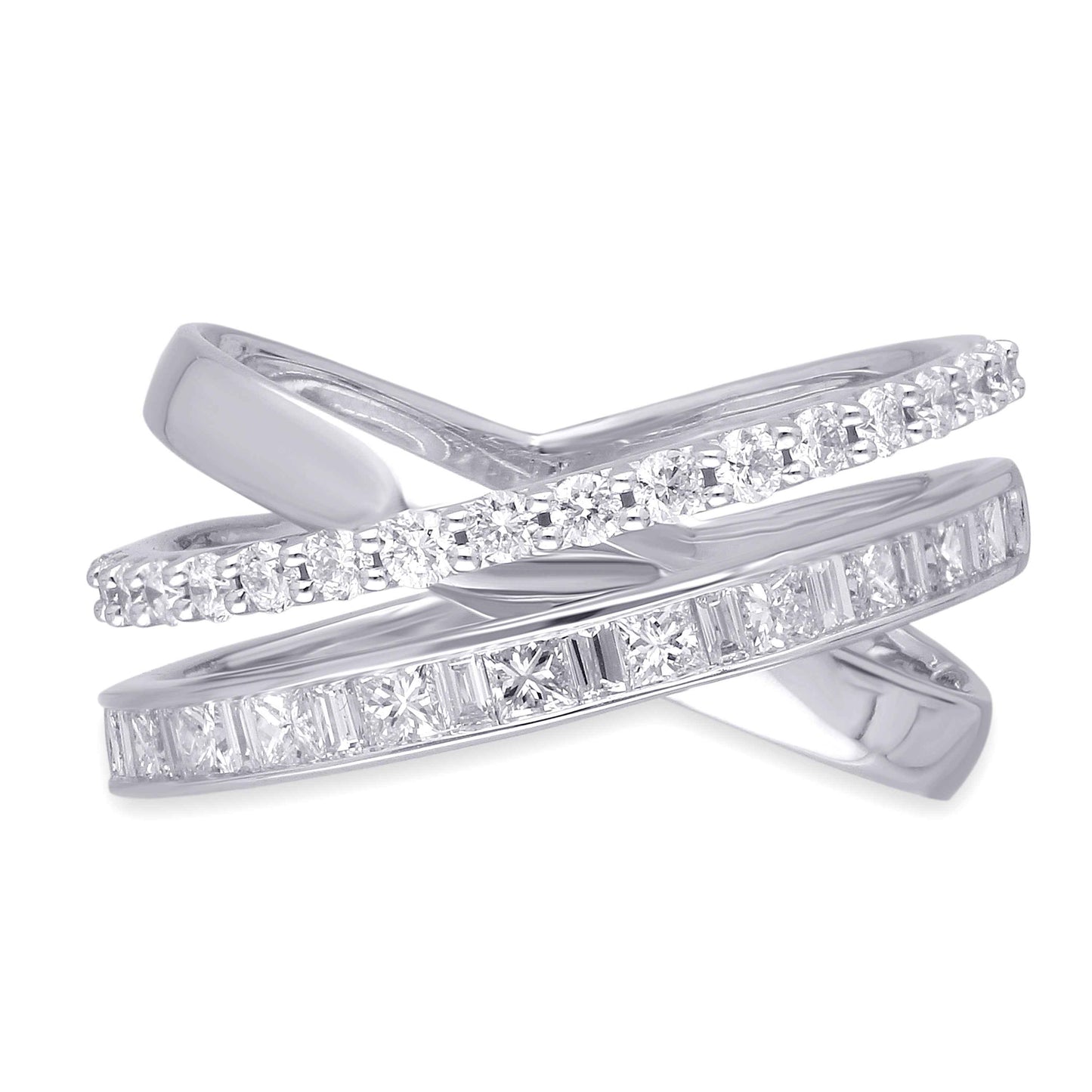 Kallati 1 ct. tw. Princess Cut, Baguette & Round Diamond Crossover Ring in 14K White Gold