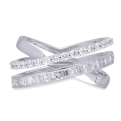 Kallati 1 ct. tw. Princess Cut, Baguette & Round Diamond Crossover Ring in 14K White Gold