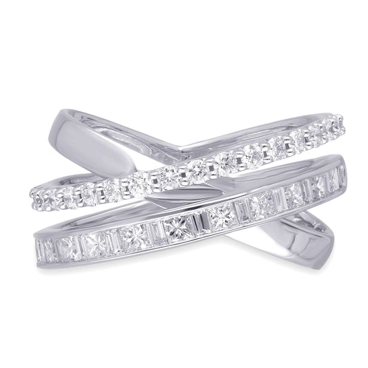 Kallati 1 ct. tw. Princess Cut, Baguette & Round Diamond Crossover Ring in 14K White Gold