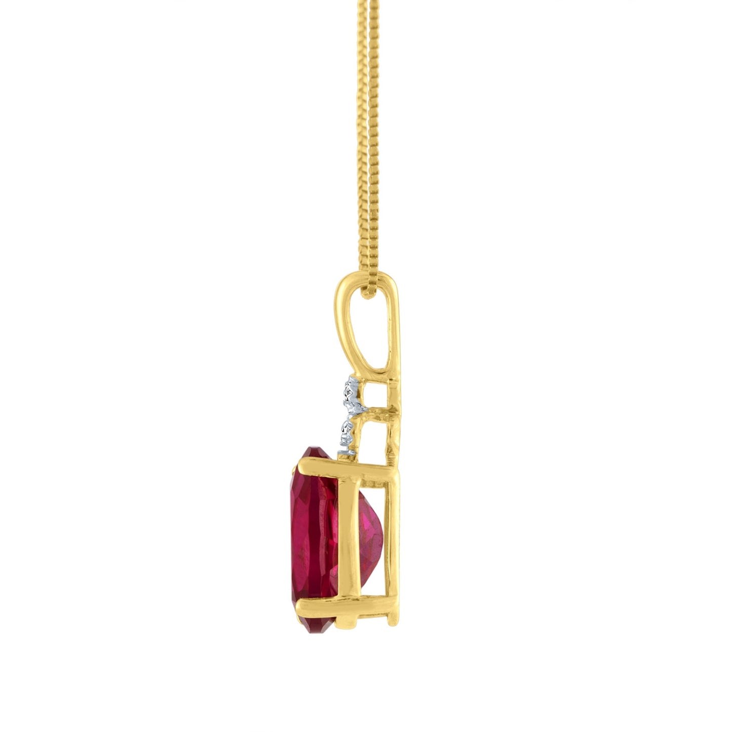 Oval Created Ruby and .018 ct. tw. Diamond Accented Pendant with Miracle Plating in 10K Yellow Gold front view