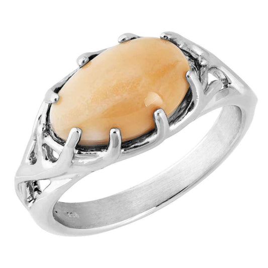 Ladies' Elk Ivory Cabochon Cut Ring with Antler Accented Band in Sterling Silver